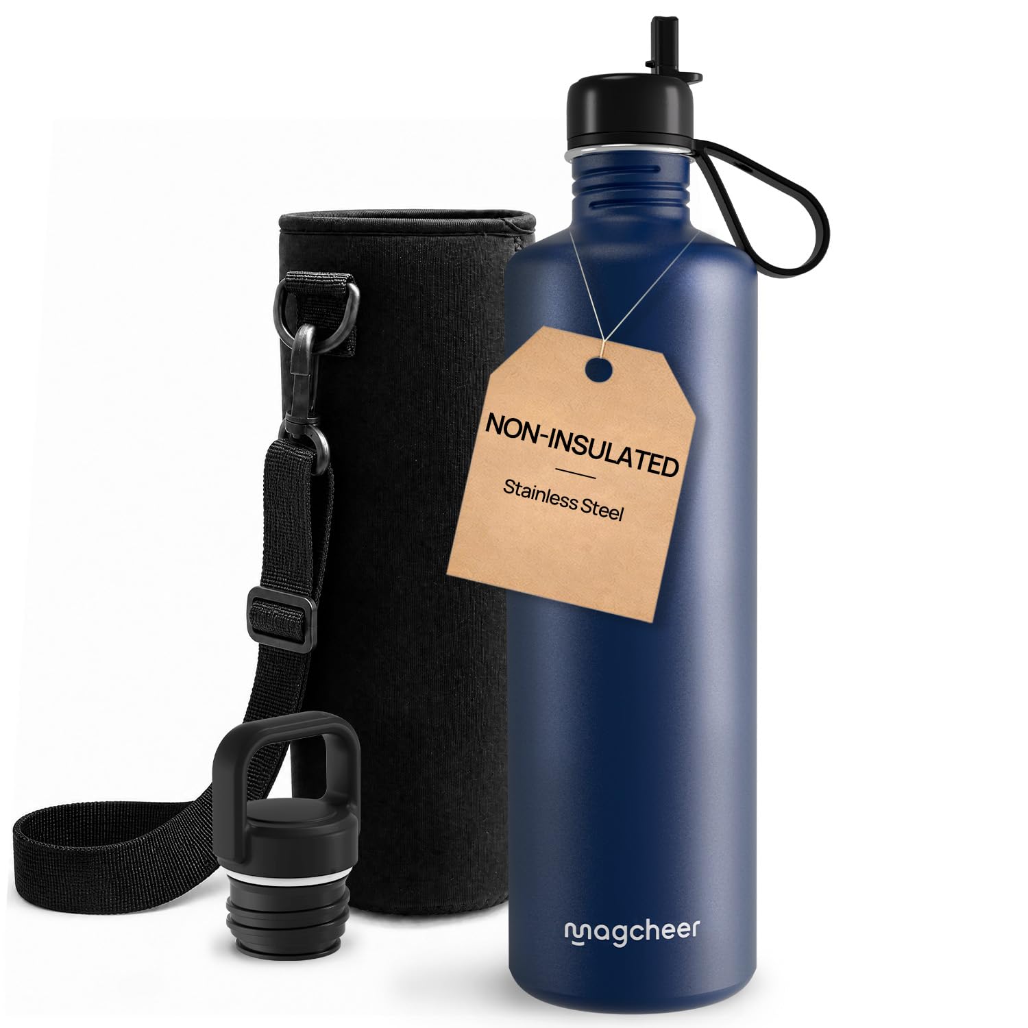 magcheer Non Isotherme Gourde Inox 2l avec Paille et 2 Couvercles | Grande Bouteille en Métal avec Sac | Étanche et sans BPA | Gourde Compatible Lave‑Vaisselle pour Randonnée et Camping(Bleu Foncé)
