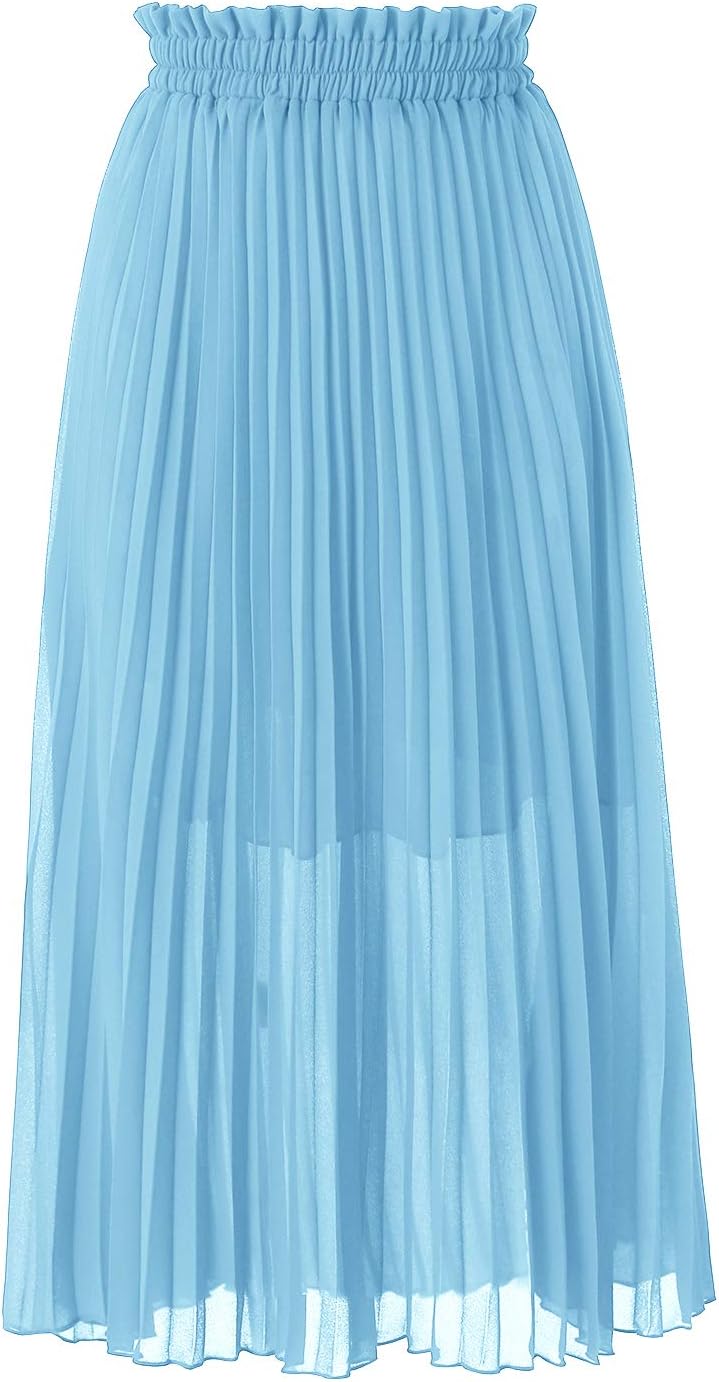 GOOBGS Women's Pleated A-Line High Waist Swing Flare Midi Skirt Medium Ice Blue