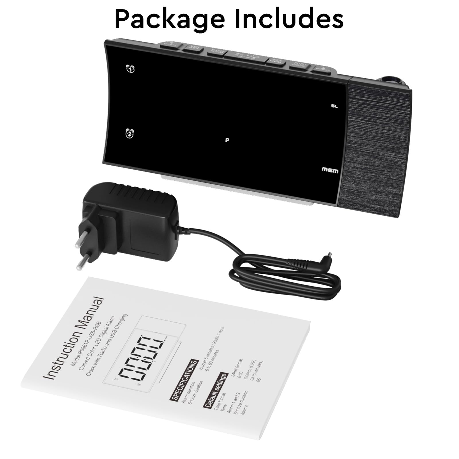 Radio Reveil Projecteur Plafond 180°, Radio Réveil FM Numérique, Grand Écran LED, Chargeur USB, Double Alarme, 12/24H, Snooze, Horloge Projection Plafond pour la Chambre