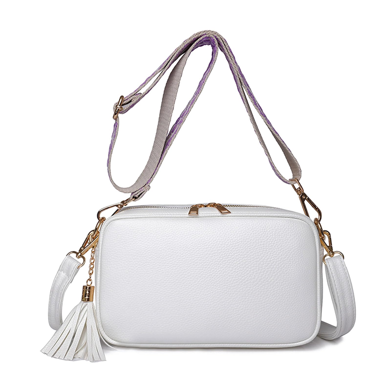 FANDARE Bolso Bandolera Mujer Bolso de Hombro PU Cuero Moda Bolsos Bandolera Elegante Bolso de teléfono Decoración Borla para el Hombro Bolso de Monederos Bolsa de Honda con Dos Correas Blanco