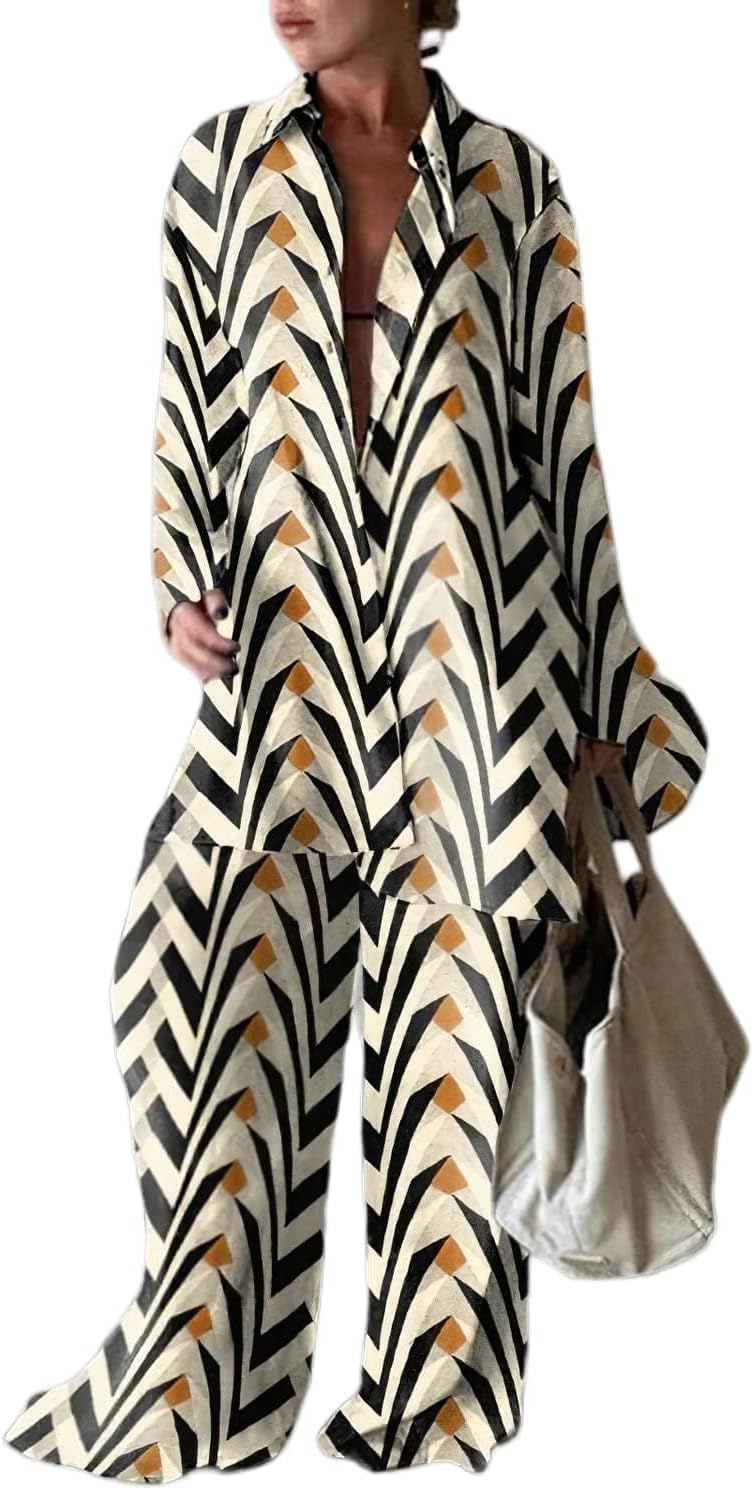 Womens 2 Piece Pants Outfits Set Boho Stripe Long Sleeve Button Down Shirts Blouses Tops Wide Leg Pants Sets