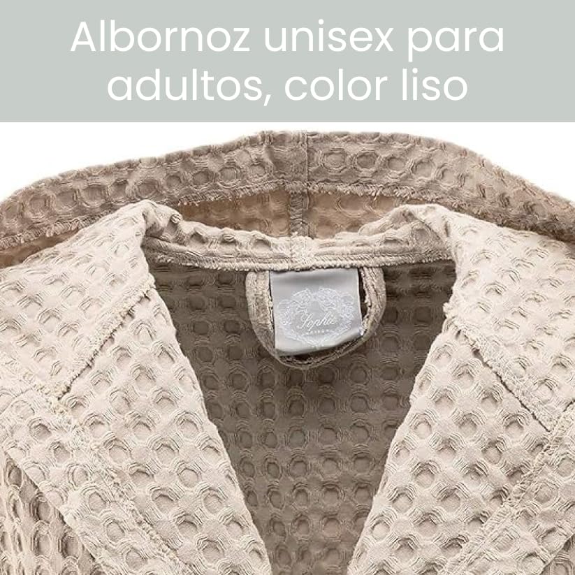INTRECCI Albornoz 100% algodón de Rizo de Nido de Abeja en Color Liso con Capucha y cinturón - Bata de baño Unisex para Mujer y Hombre (L, Tórtola)