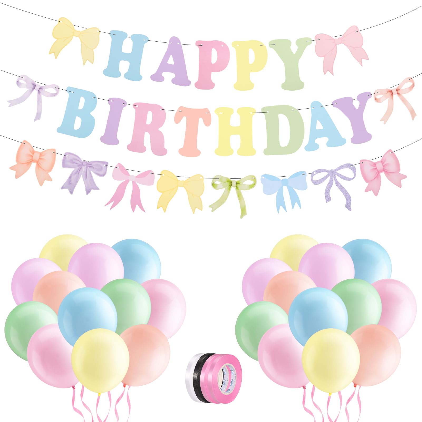 Bow Birthday Decorations Bow Happy Birthday Banner Garland and 24Pcs Colorful Birthday Balloons Sweet Photo Props for Princess Women Girls