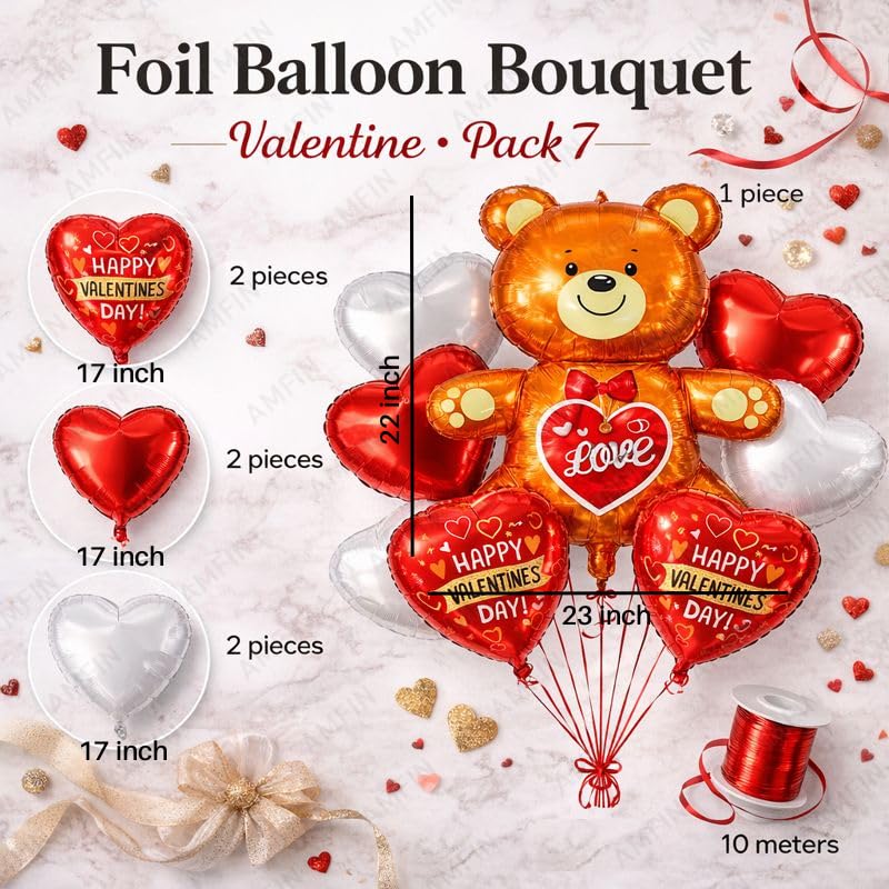 Image of AMFIN (Pack of 7) Happy Valentine's Day Foil Balloon Bouquet Teddy Heart Romantic Decoration Item - Red Gold