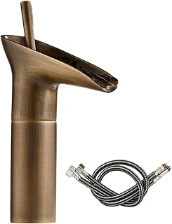 Grifo de cobre vintage para lavabo sobre encimera con flujo de cascada y funcionalidad de mezcla de agua fría caliente (oro corto)