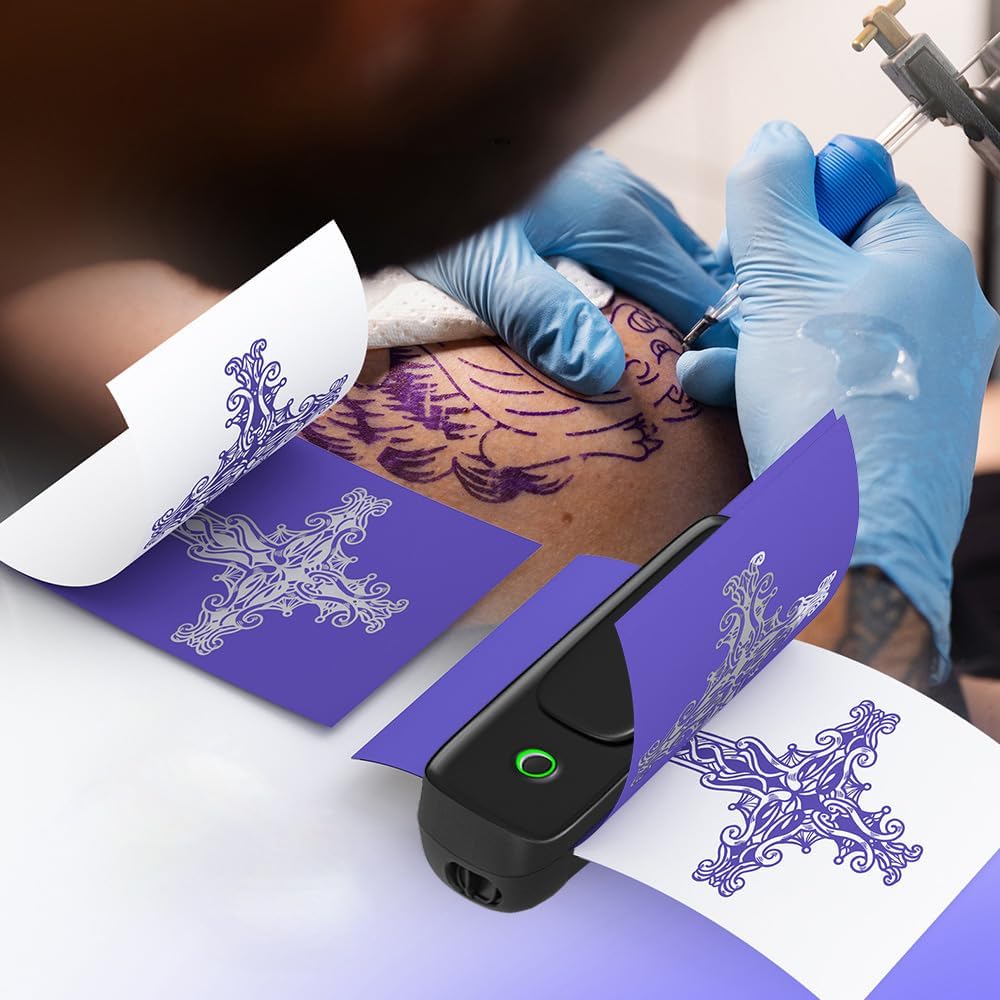 Image showing the RAINPOT A80 printer being used to print tattoo stencils, highlighting its diverse applications.
