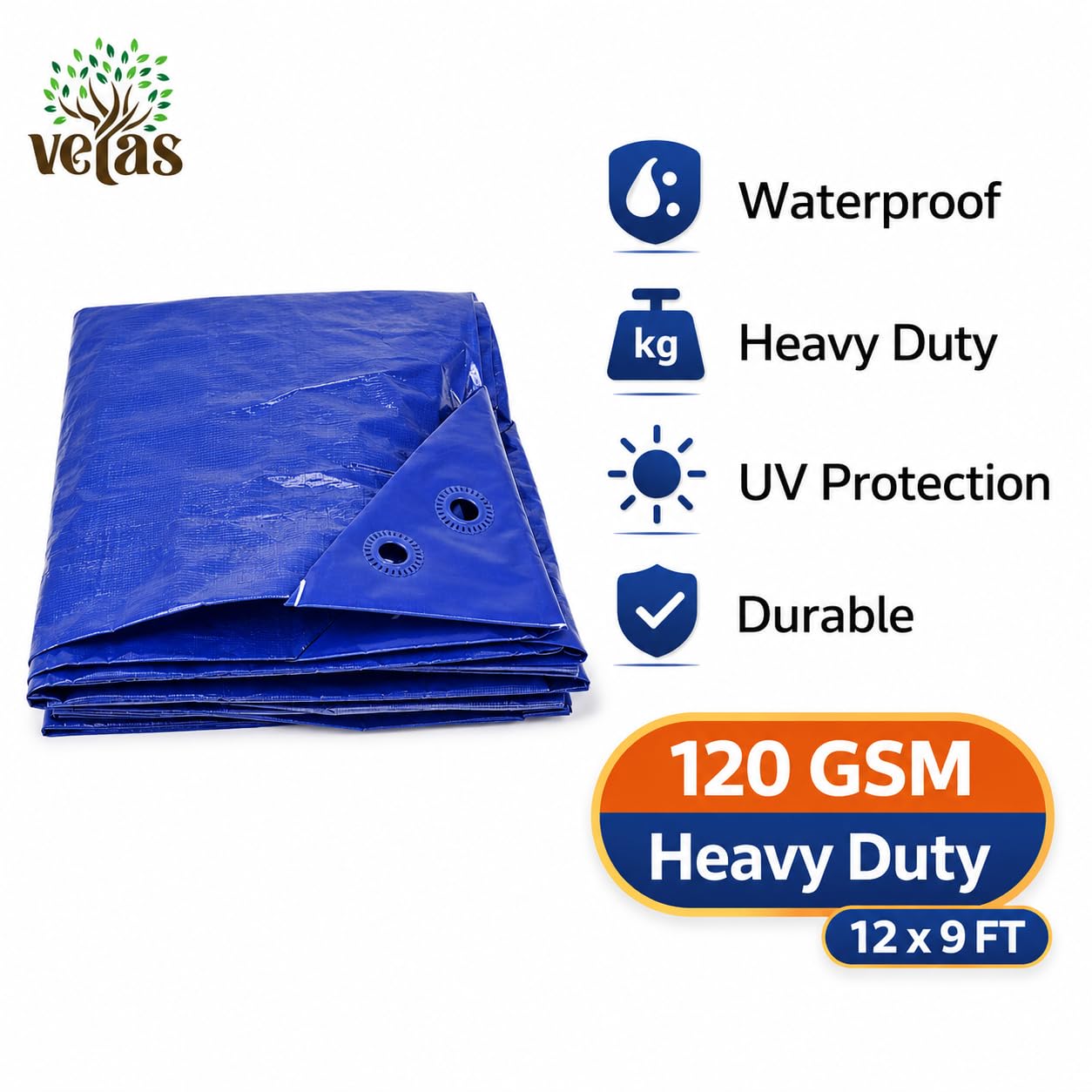 VETAS Waterproof Tarpaulin Sheet, Blue, 120 GSM, Heavy Duty, UV Resistant, Tear-Proof, Reusable with Eyelets for Roof, Camping & Vehicle Use (12 X 9 Ft) — Amazon image 3