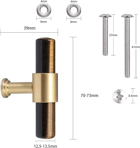 Miniatura 2 de mookaitedecor Juego de 2 tiradores de cristal con barra en T con tornillos, pomos de piedra de latón cepillado para gabinete de cocina, piedra de