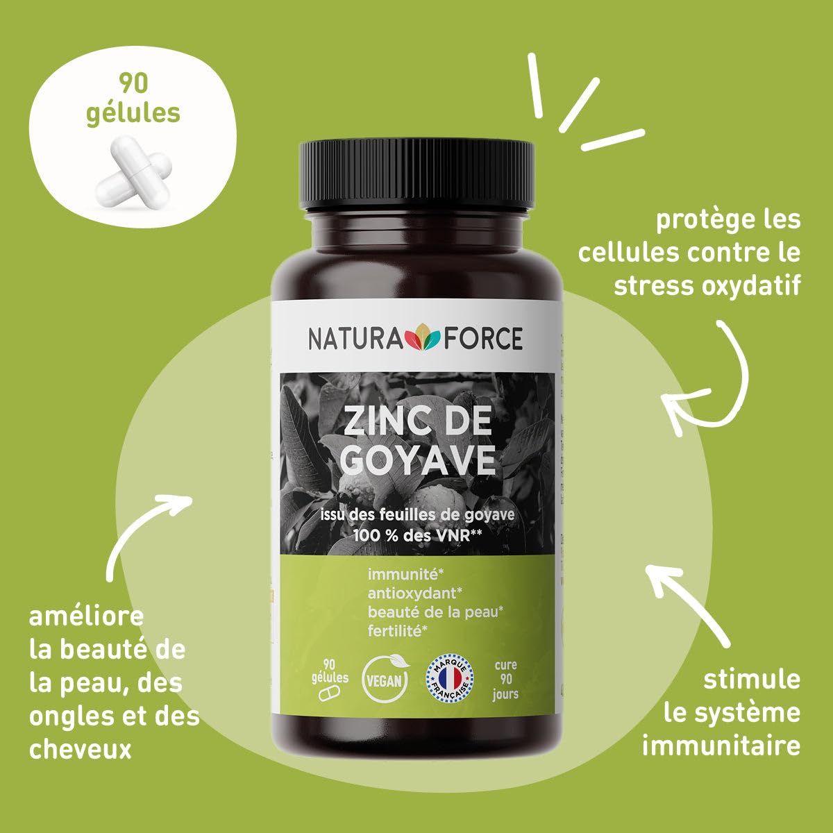 Zinc de Goyave - Naturel et à Haute Assimilation - Stress Oxydatif, Système Immunitaire - Issu des Feuilles de Goyave, Couvre 100% des VNR - Boite de 90 Gélules