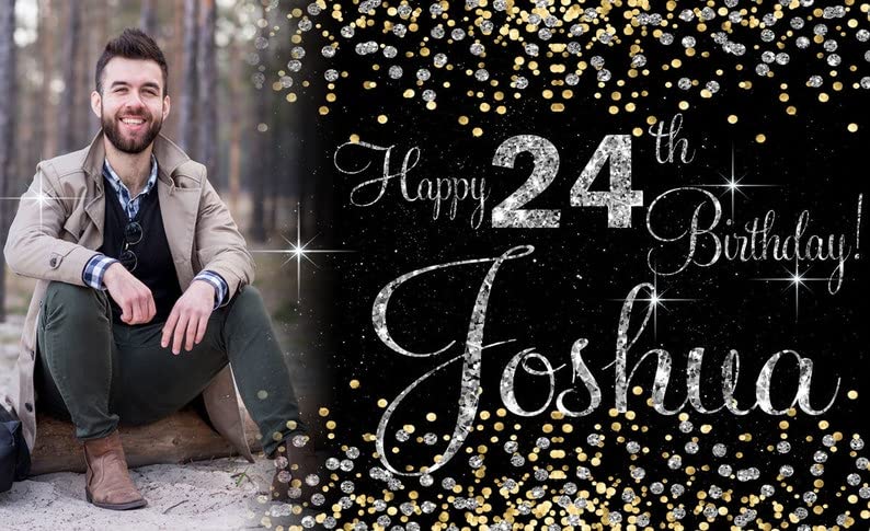 Happy Birthday Backdrop Background Photo Banner Any Name, Any Age Black and Gold Sign Poster Large Fabric Glitter Cloth Curtain Party Decoration Supplies Man Woman Children Party