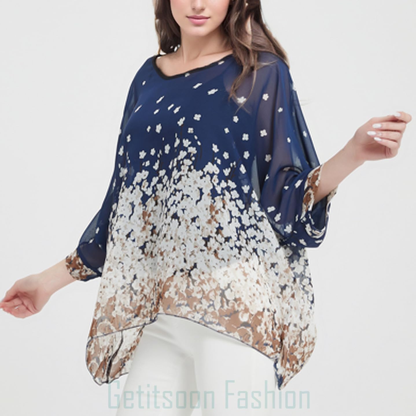 Women's Loose Alicia Floral Print Chiffon Blouse Batwing Blouses Bohemian Flowy Tops Top T-Shirt - Image 4
