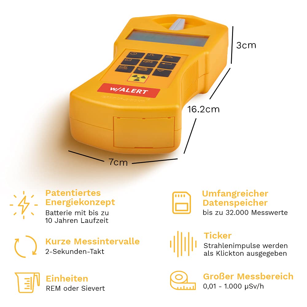 Alert | Geigerzähler für Radioaktivität mit akustischem Ticker und Alarm, Verwendung als Personendosimeter - inkl. USB-Schnittstelle & Auswertungssoftware