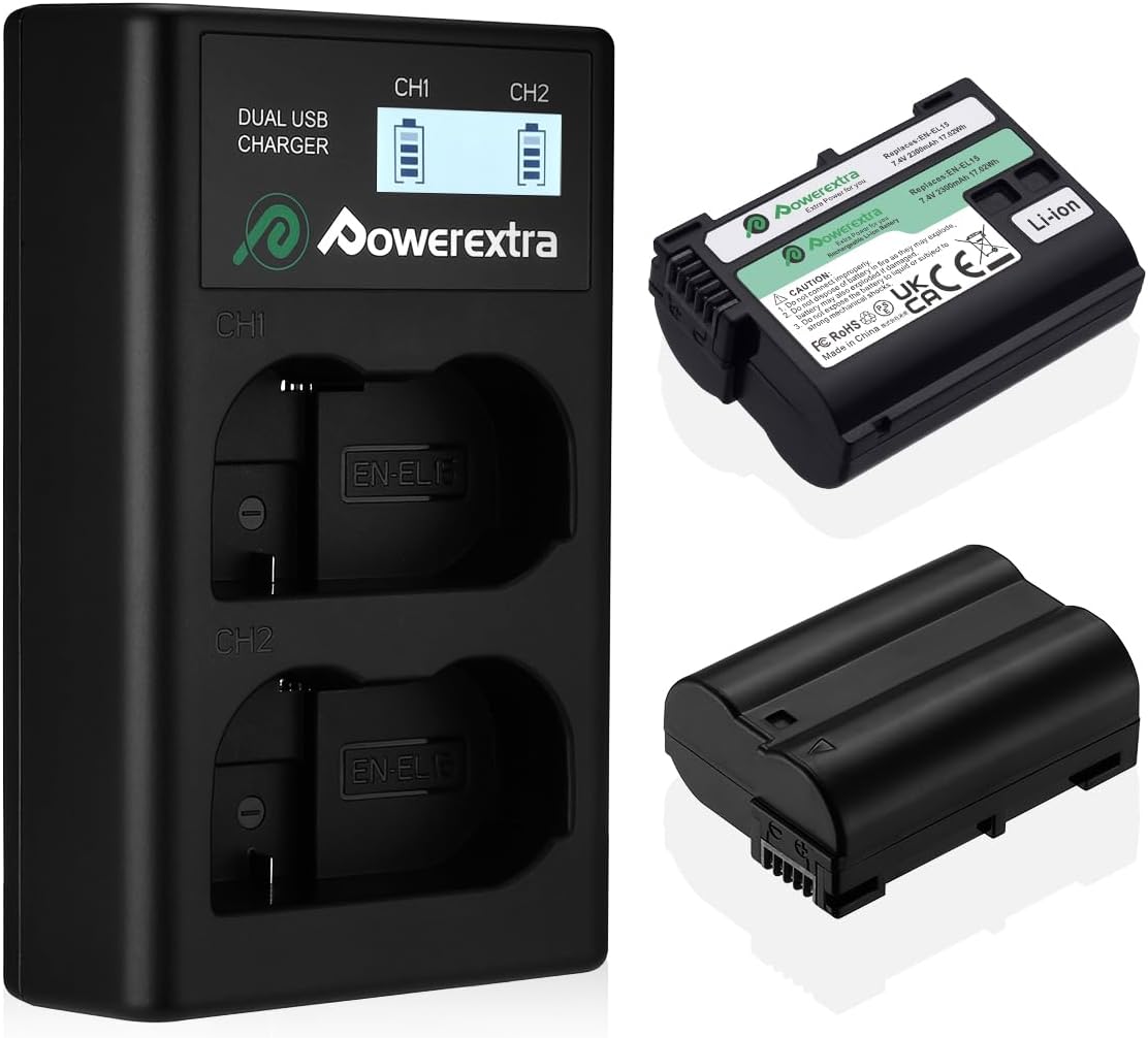 Powerextra EN-EL15a EN-EL15b EN-EL15c Battery and Dual USB Charger Compatible with Nikon D780, Z6, Z7, D850, D810, D810A, D800, D800E, D7500, D7200, D7100, D7000, D750, D810, D610, D600, 1v1 Cameras