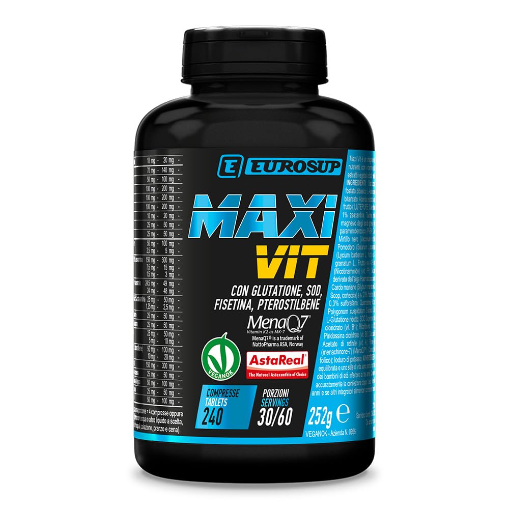EUROSUP MAXI VIT – Multivitaminico Avanzato | 47 Nutrienti | Vitamine, Minerali, Antiossidanti, Fitonutrienti | Coenzima Q10, Resveratrolo, Glutatione | Supporto Energia, Metabolismo, Vitalità