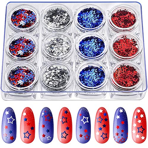 12 Boxes Independence Day Star Glitters Holographic Nail Art Decals Red Blue Silver Mixed Star And Hollow Star Shaped Nail Sequins 4Th Of July Nail Decals For Diy Nail Art Eye Face Body Decor Crafts #TOP22