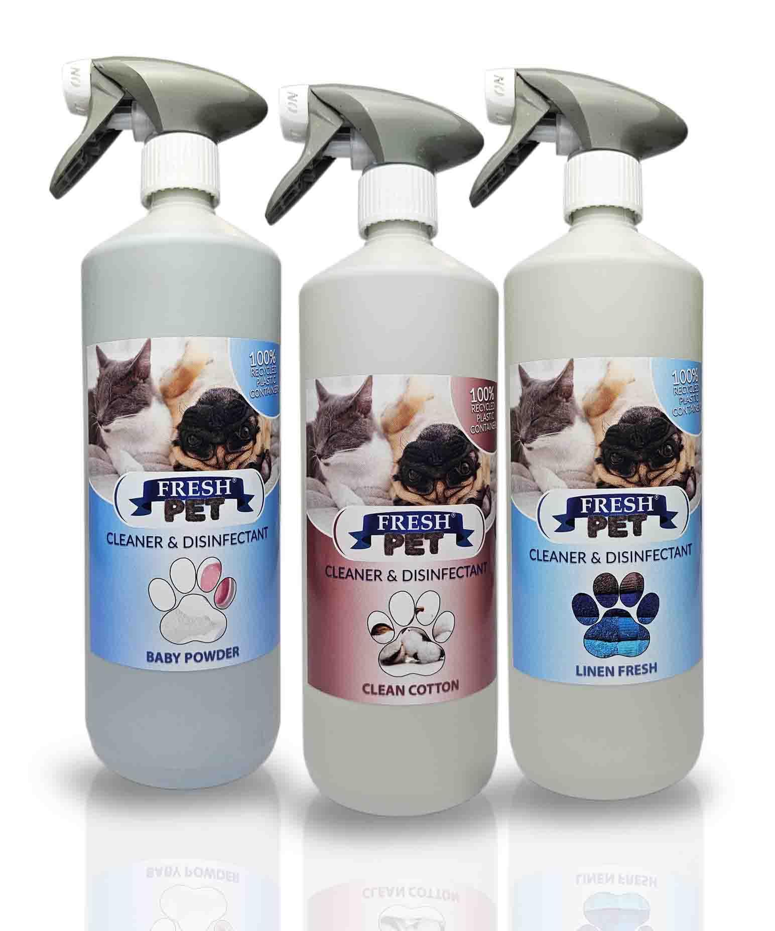 Pet Disinfectant Pre Filled 3x1L Spray 100% Recycled Bottle, Deodoriser, Cleaner, Kennels, Artificial Grass (Laundry Pack)