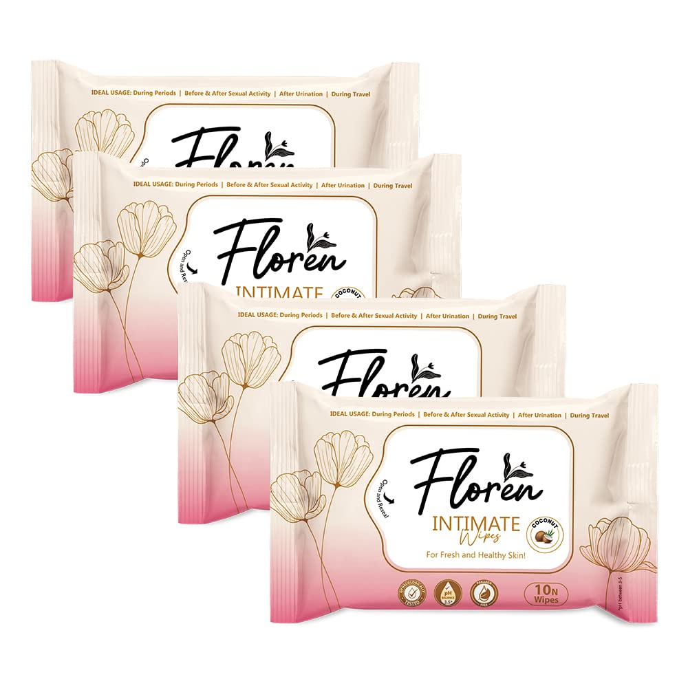 Floren Coconut Intimate Wipes Protects Against Odour, Dryness, Itchiness & Irritation, Balances pH, for Daily Use, Dermatologically Tested (10 Wipes) - Pack of 4