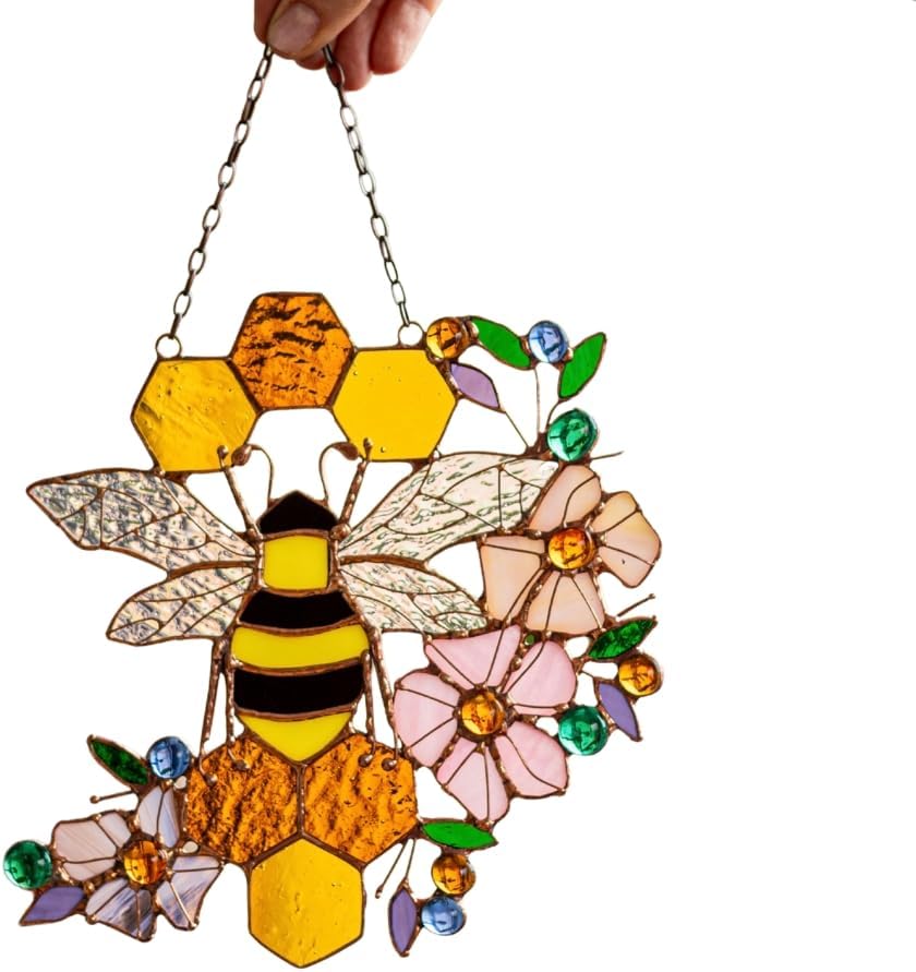Mother's Day Gift Honeycomb With Bee Stain Glass Sun catcher, Window Hanging, Indoor Outdoor Decor, Real Glass Bee