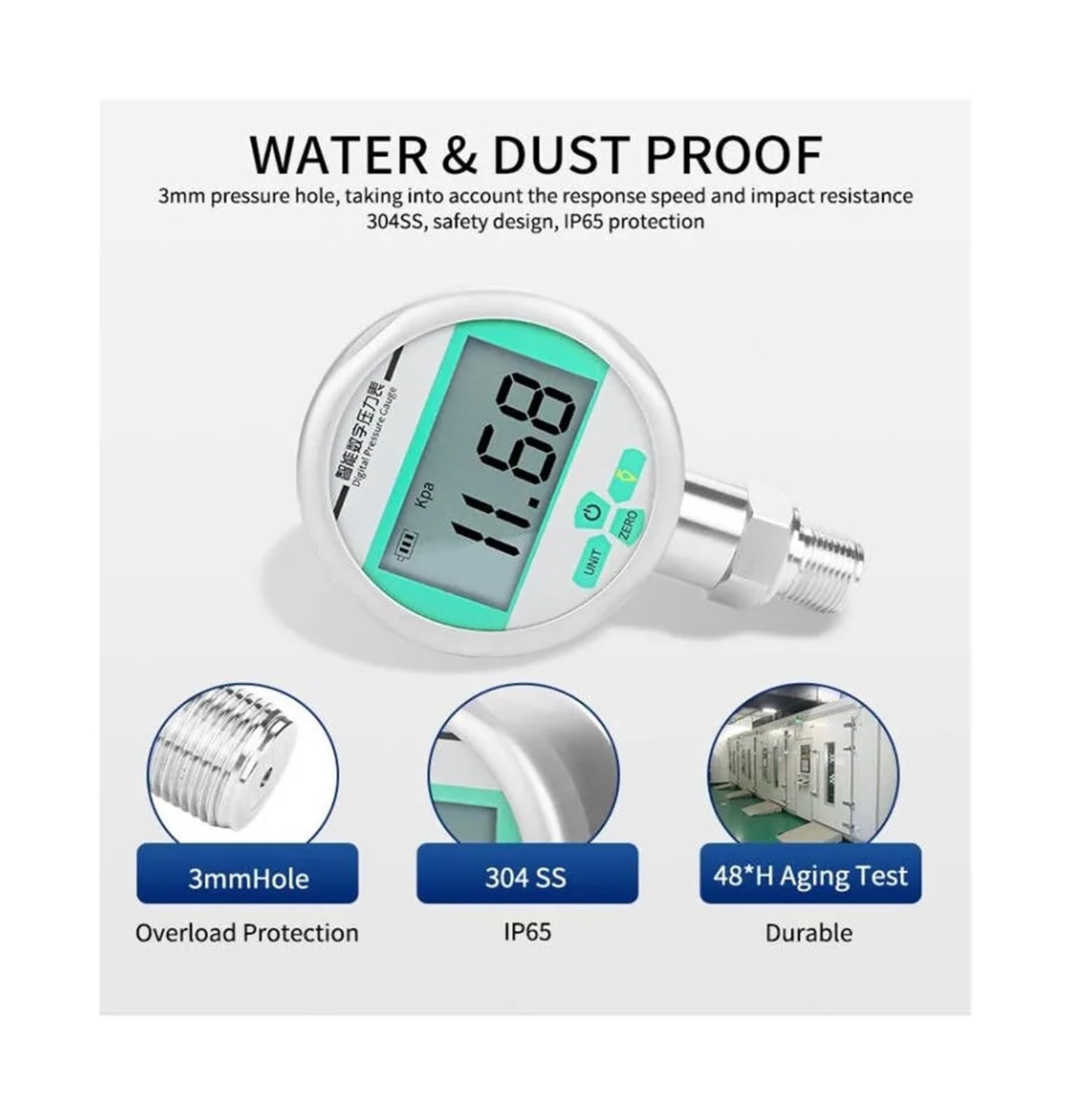 Manómetro, Manómetro Digital con pantalla LCD de 80mm, manómetro 0-60Mpa, medidor presión aire alimentado por batería, agua Psi/Bar/Kpa(M20-1.5 Radial,-0.1...0...60Mpa)
