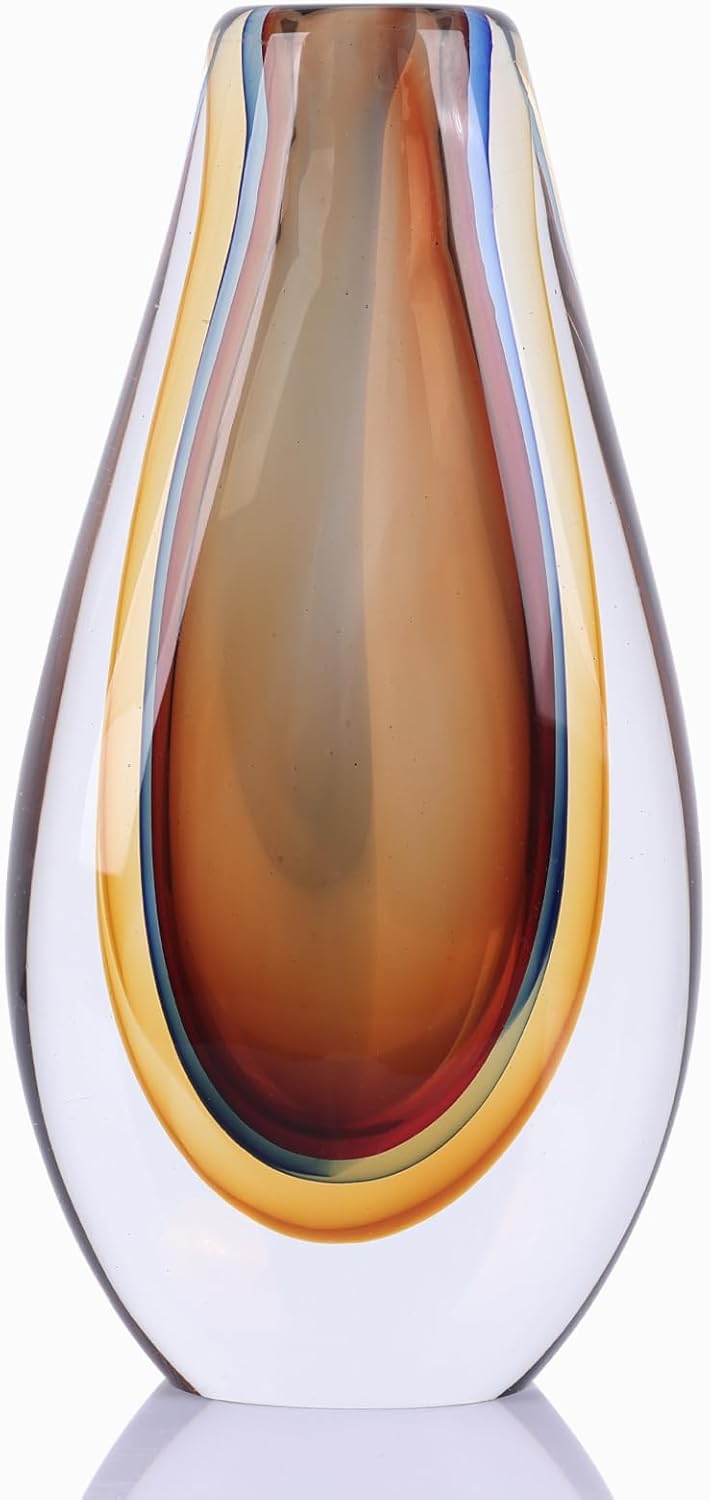 Hand Blown Glass Art vase, Unique Teal Glass Decorative vase, Shelf Decoration for Home Decor Home Living Room TV Stand Coffee Table Office Wedding Table Centerpiece.