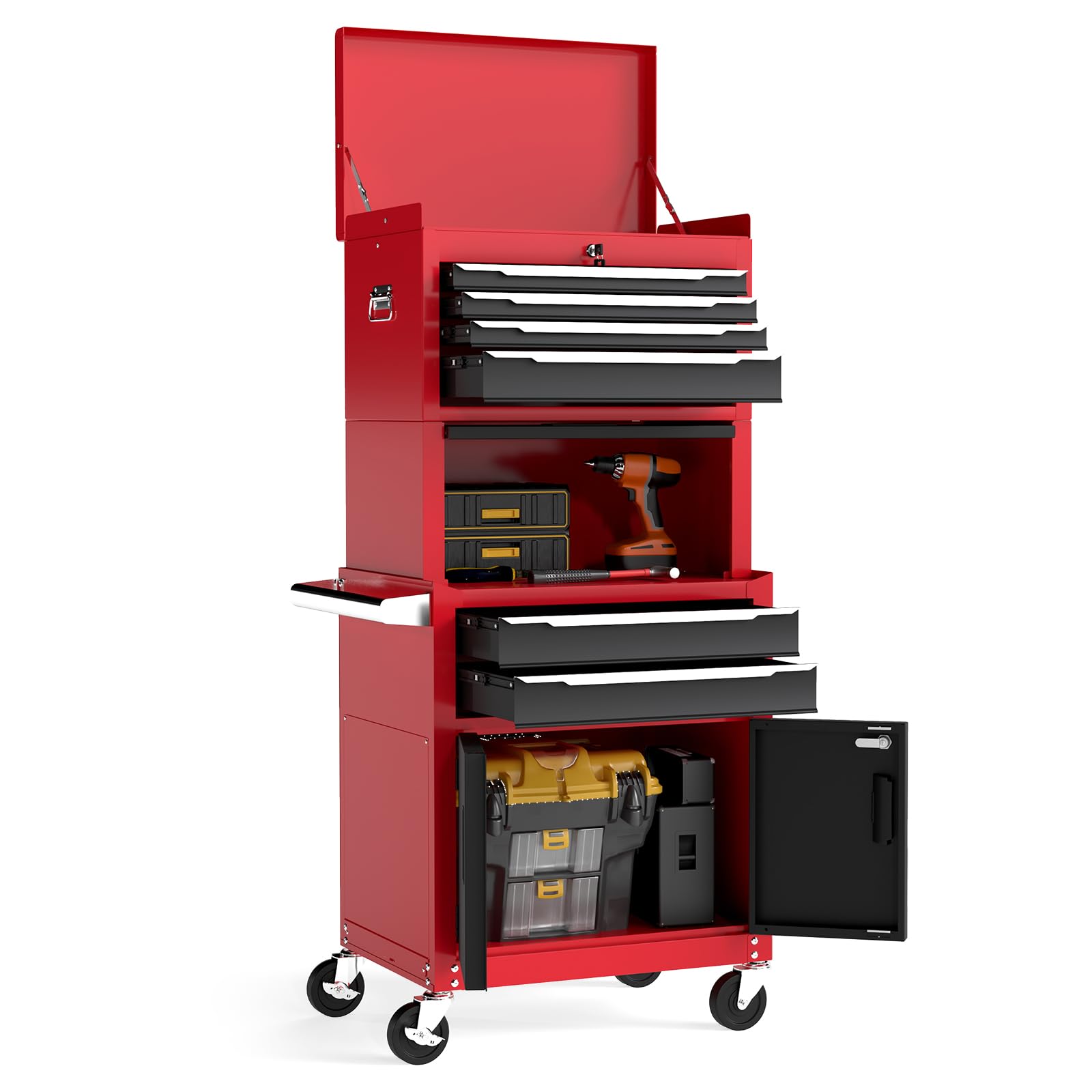 HOMFME 3-in-1 Heavy-Duty Metal Tool Cabinet, 6-Drawer Rolling Tool Chest Combo with Lockable Drawers, Mobile Workshop Service Cart & Utility Trolley for Garage (Red+Black) — image 1