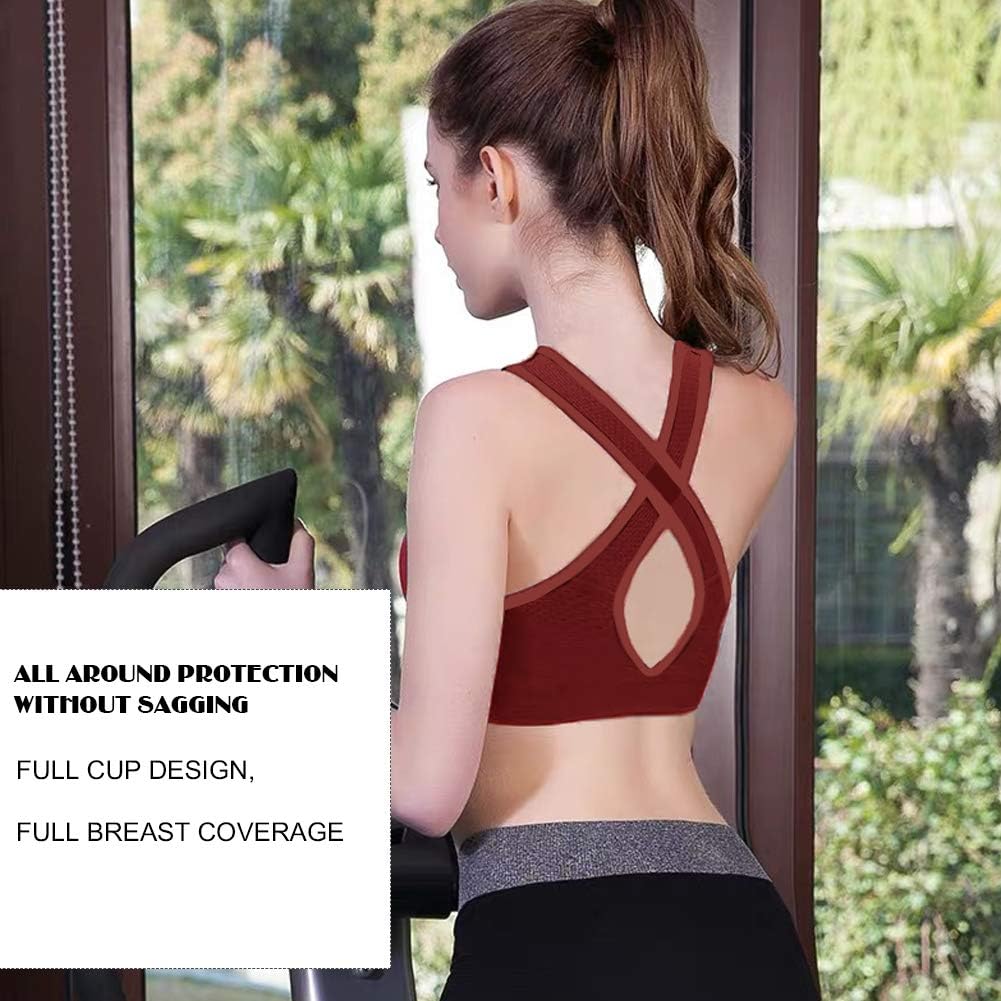 Cuka Sports Bra for Women Front Closure Wirefree Padded Front Zipper Workout Gym Yoga Bras Red
