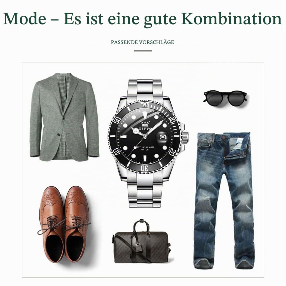 Herrenuhr aus Edelstahl, 41-mm-Zifferblatt, analoges Quarzwerk | Herren Armbanduhr mit Kalender, leuchtenden Zeigern, 3 ATM wasserdicht, eleganter Stil in Blau, Grün und Schwarz