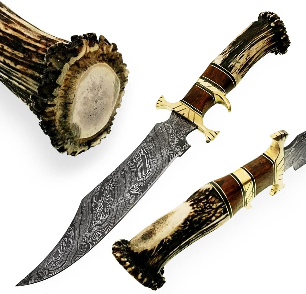 15inch Handmade Damascus Steel Hunting Knife Stag Antler Handle with Burl Wood & Brass Guard, Fixed Blade Bowie Knife, Razor Sharp Blade and Genuine Leather Sheath, (CROWN)