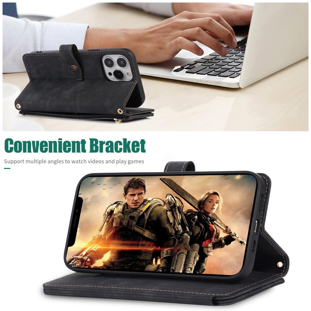 Funda para teléfono con Billetera con Cremallera Cruzada para iPhone 15 14 13 12 11 Pro MAX Mini X XS 8 7 Plus SE 2 3 Funda de Cuero con cordón para Tarjetero, Negro, para iPhone 11 Pro