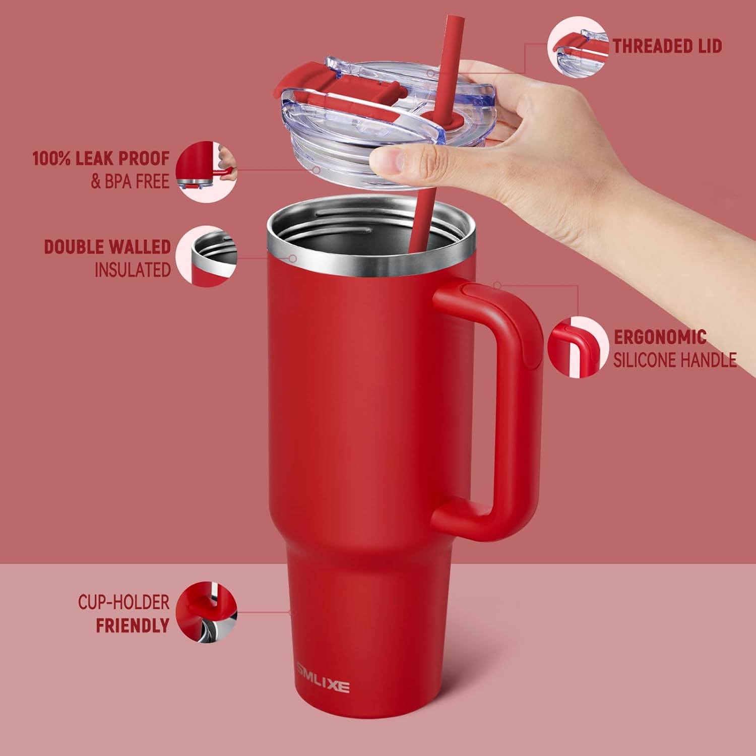 40 oz Tumbler with Handle and Straw Lid,Insulated Reusable Stainless Steel Water Bottle Travel Mug，Cupholder Friendly Double Wall Vacuum Sealed Cup (Cherry Red) - Image 2
