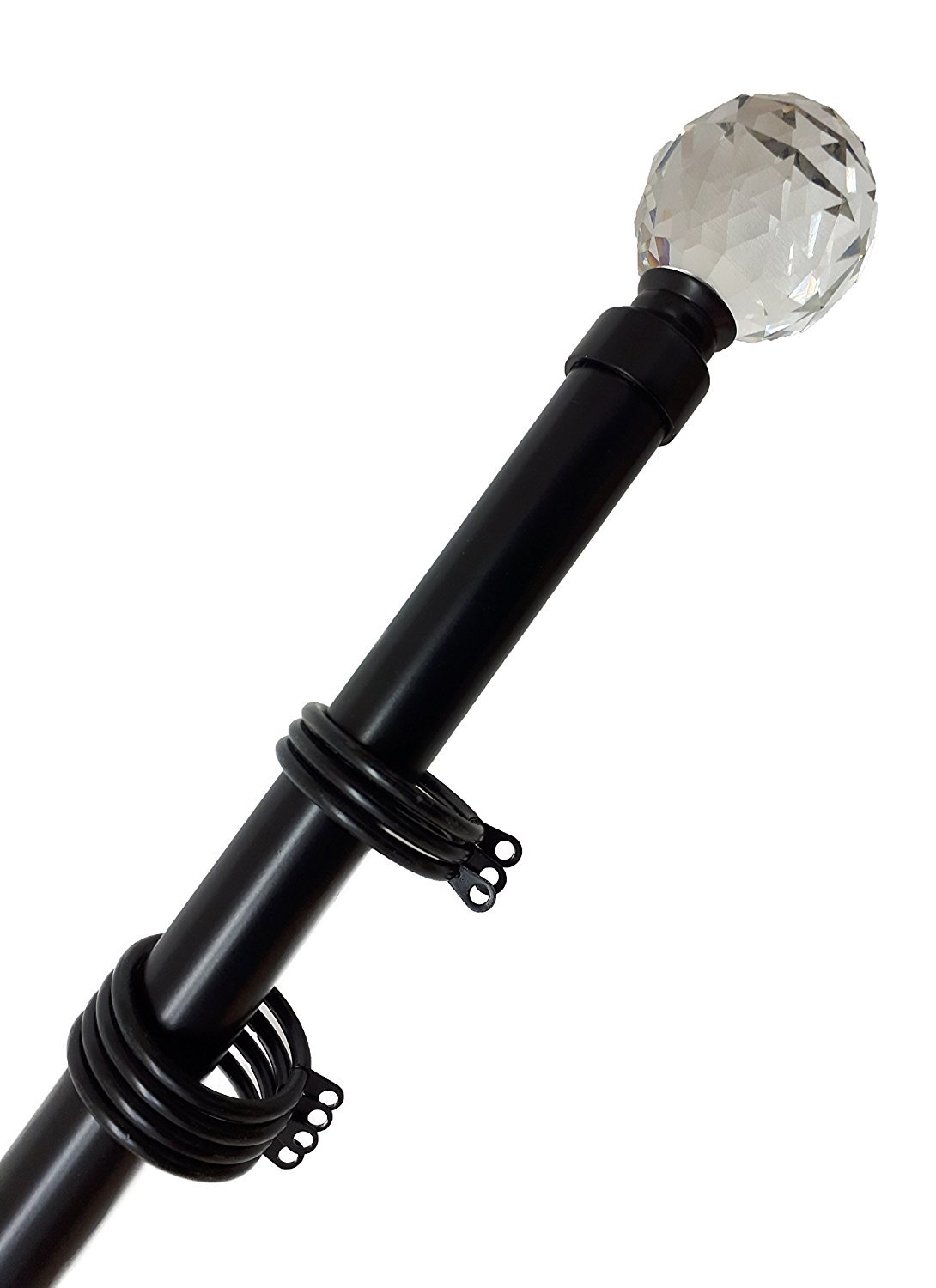 Home Harmony® Crystal Ball Finial Telescopic Extendable Curtain Pole set In Black or Silver and Matching Holdbacks Available (Black, 180-340 cm)