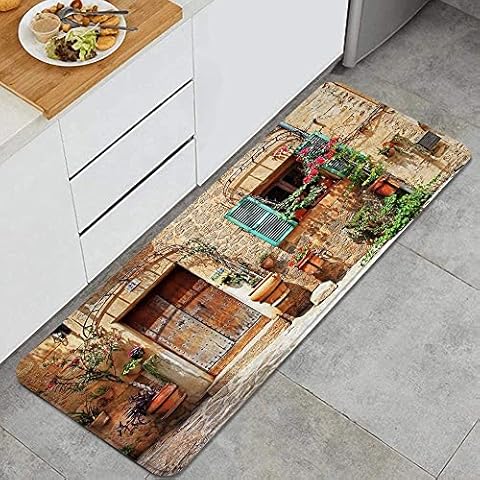 Home Decor Memory Foam Anti-Fatigue Kitchen Floor Mat,Streets of Old Mediterranean Towns Provence Landscape Flower Door Windows,Comfort Standing Area Rug Carpet Non Slip,47.2" x 17.7" Cover