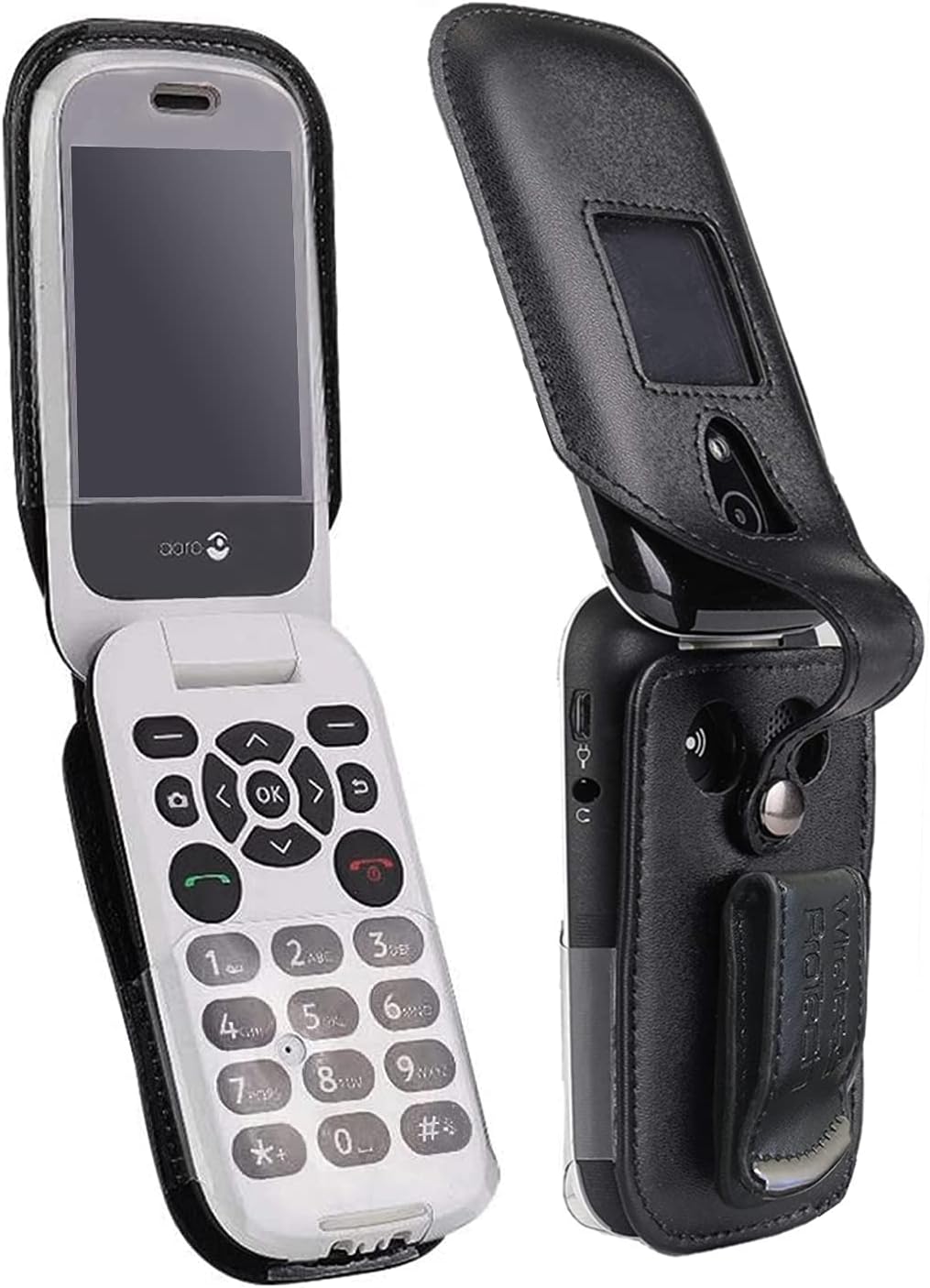 Case with Clip Compatible with Consumer Cellular Doro Flip Phone Model 7050, Fitted Leather Case, Rotating Belt Clip, Built-in Screen & Keypad Protection