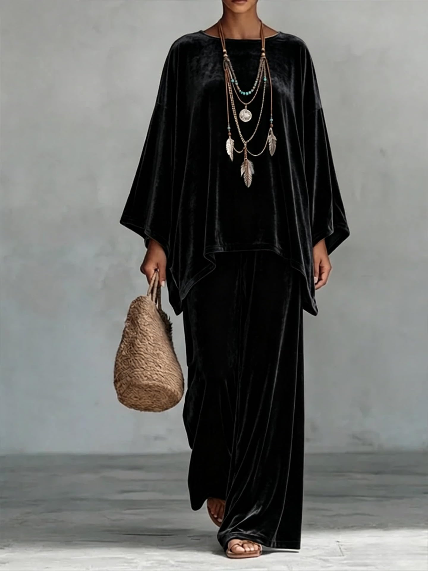 Completo da Donna In Velluto A Due Pezzi Stile Boho: Top Ampio con Maniche A Pipistrello Oversize E Orlo Irregolare, Vestibilità Ampia, E Pantaloni Gamba Larga Vita Alta, Coordinati per Il