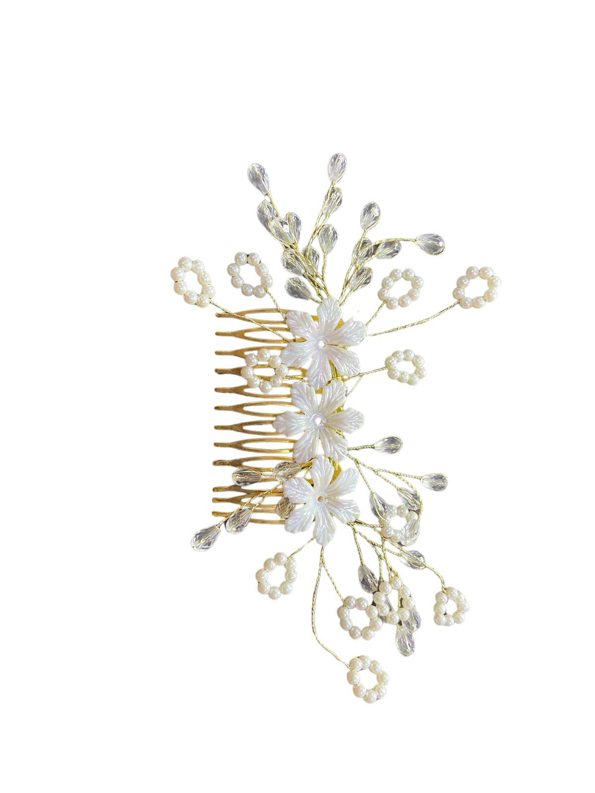 Elegant Bridal Hair Comb with Pearl Flowers, White Crystal and Pearl Embellished Wedding Hair Accessory, Gold Metal Base