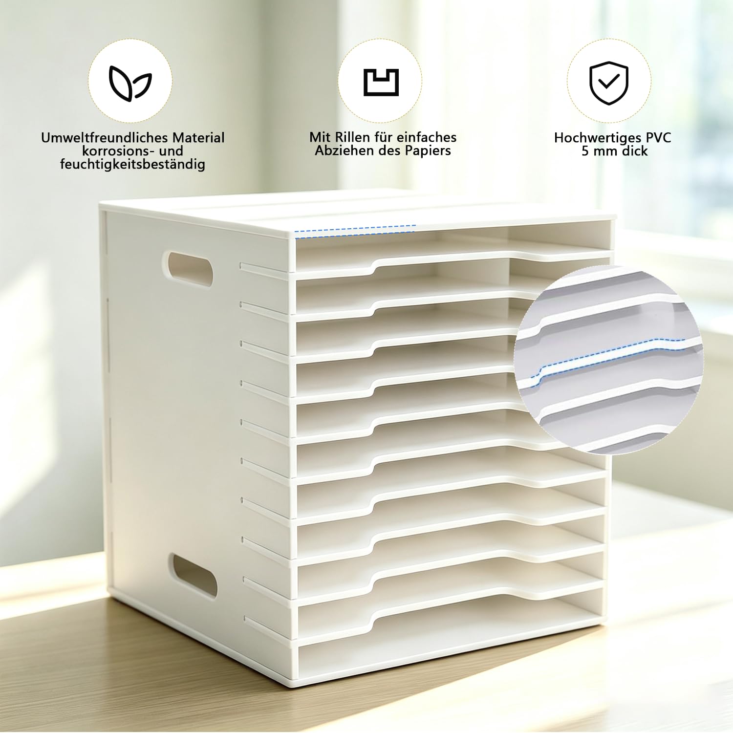 Scrapbook Papier Organizer A4, 12 Ebenen Dokumentenablage für Schreibtisch, Multifunktionales Stapelregal für Büro & Schule, Stapelbar, Pflegeleicht, Langlebig, Effizient, 26,2x33x29,5 cm, Weiß
