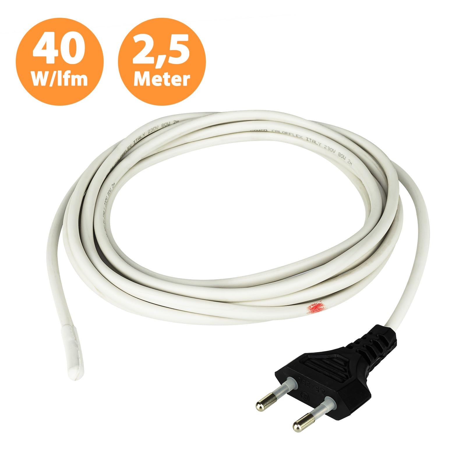 Ogrzewanie towarzyszące 2,5 m, ochrona przed zamarzaniem, kabel grzewczy z silikonu, moc grzewcza 40 W/m, wodoszczelność IP68