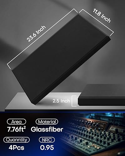 Miniatura 2 de Paquete de 4 paneles acústicos de fibra de vidrio, paneles autoadhesivos de espuma a prueba de sonido para paredes, paneles de amortiguación de