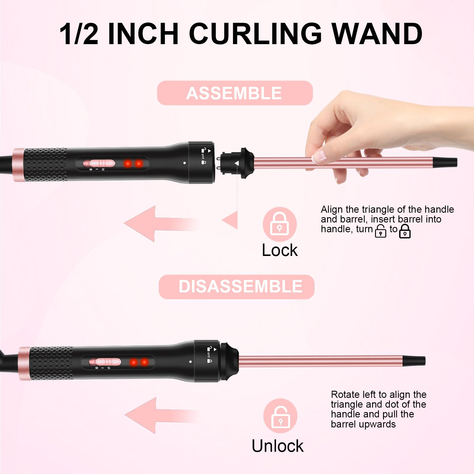 Rizador profesional de 1/2 pulgada, pequeña varita rizadora para cabello corto y largo, varita pequeña de cerámica con 2 temperaturas, incluye guante protector térmico y 2 clips 5