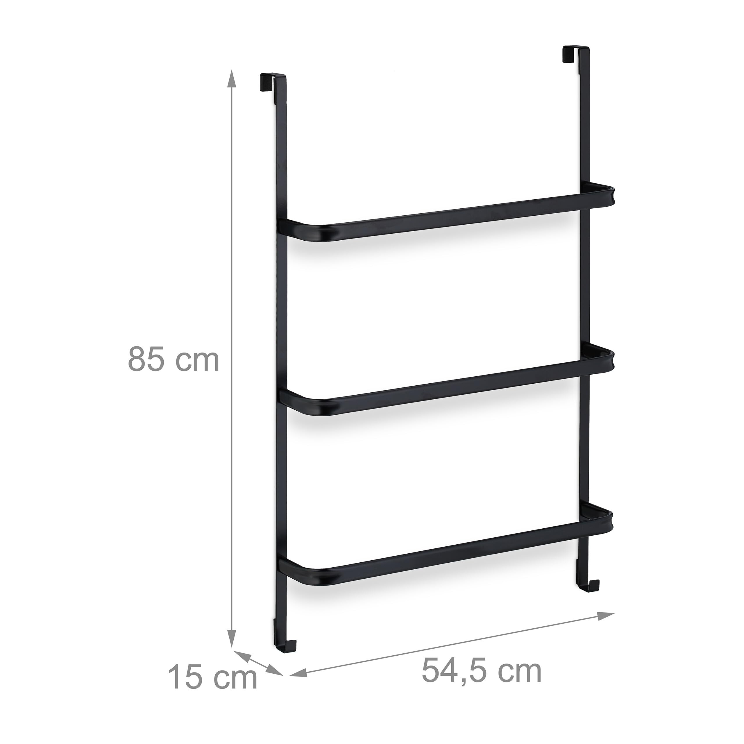 Relaxdays Toallero para Puerta 3 Barras, sin Taladrar, con 2 Ganchos, 85 x 54,5 x 15 cm, Colgador Toallas, Acero, Negro