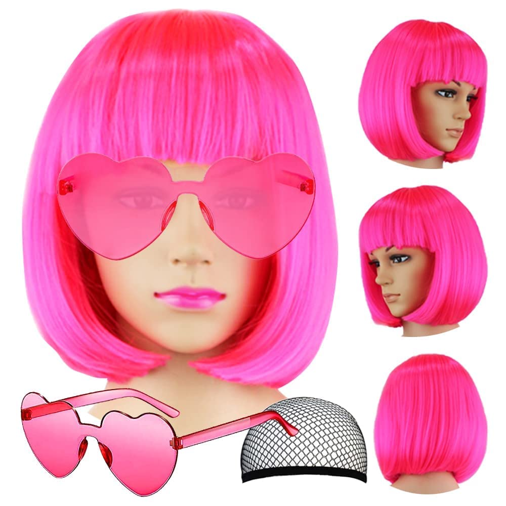 DAJOOEE Party Wigs Wig Cap and Sunglass Set,Short Bob Hair Wigs Cosplay Daily Party Neon Wig for Women,Heart Shaped Sunglasses for Neon Party Favors, Halloween,St. Patrick and Cosplay Wig Party (pink)