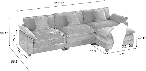 Miniatura 2 de Sofá seccional modular beige de 117.3", sofás seccionales grandes de 3 plazas para sala de estar, sofá nube oversized de tela chenille con otomana,