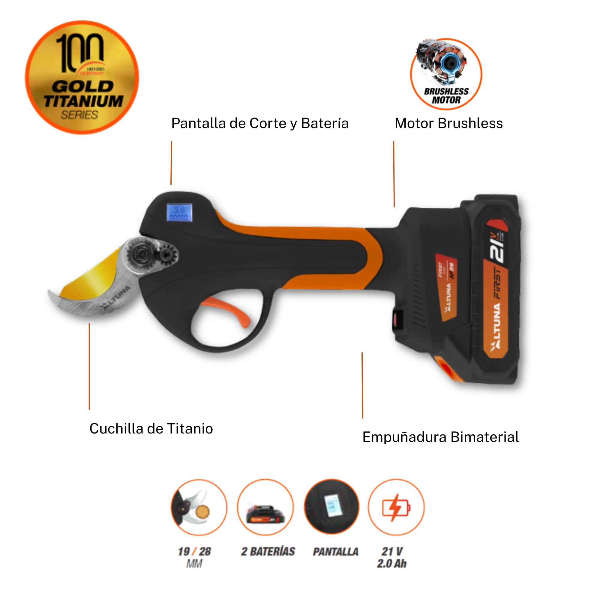 Altuna - Tijeras de Podar a Batería de Titanio - Motor Brushless - Corte 19/28mm - Con Pantalla Display - Incluye 2 Baterías 21V - Empuñadura Bimaterial - Maletín y Accesorios Incluidos - AF28