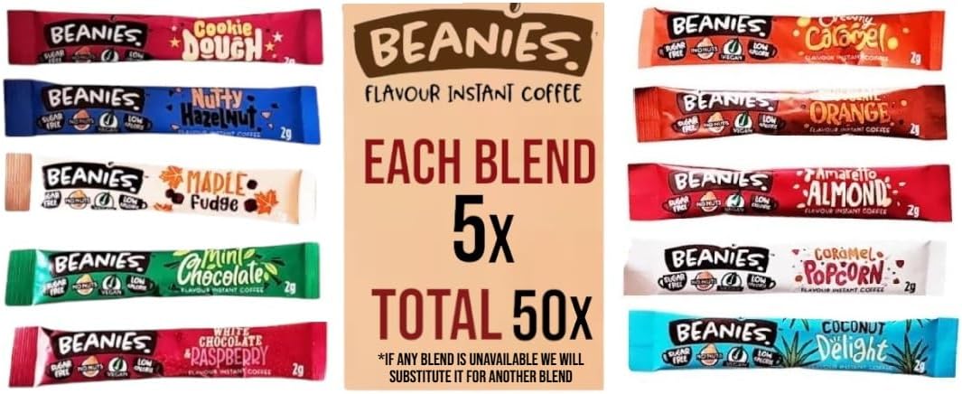 Beanies Flavoured Instant Coffee Sticks Variety Pack – 50 Sachets, 10 Different Blends (5 of Each Flavour) – Sugar Free, Low Calorie, Vegan Instant Coffee Sticks