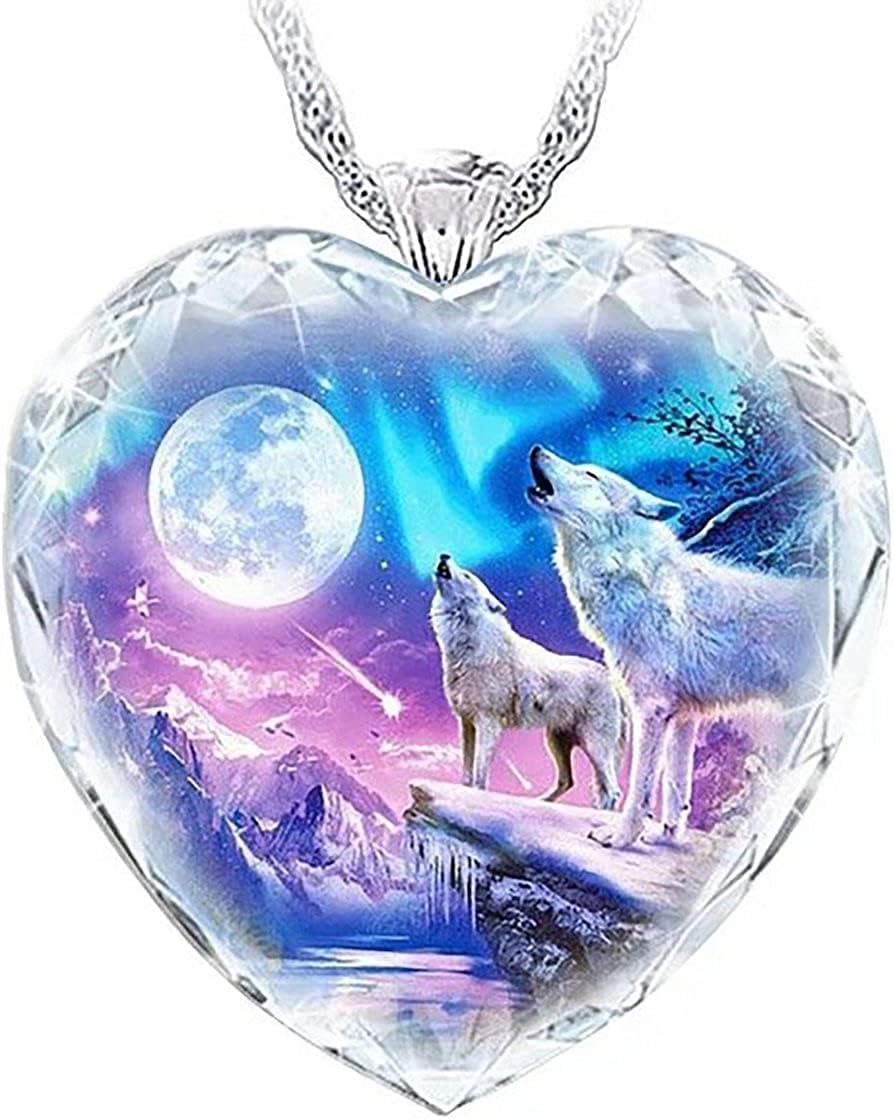 925 Pure Silver Crystal Sparkle Gem Necklace Wolf Pendant Elegant Jewelry Snow Wolf Moon Heart Necklace Gift Couple Gifts - Crystal