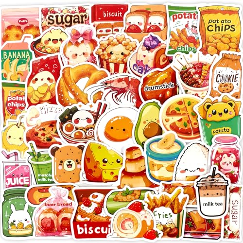 Ychsring Cute Food Stickers - 50 Pcs Waterproof Vinyl Cartoon Snack Stickers for Water Bottle, Laptop, Phone Case, Cup, Guitar - Kawaii Donut Pizza Cookie Popcorn for Kids, Teens & Adults