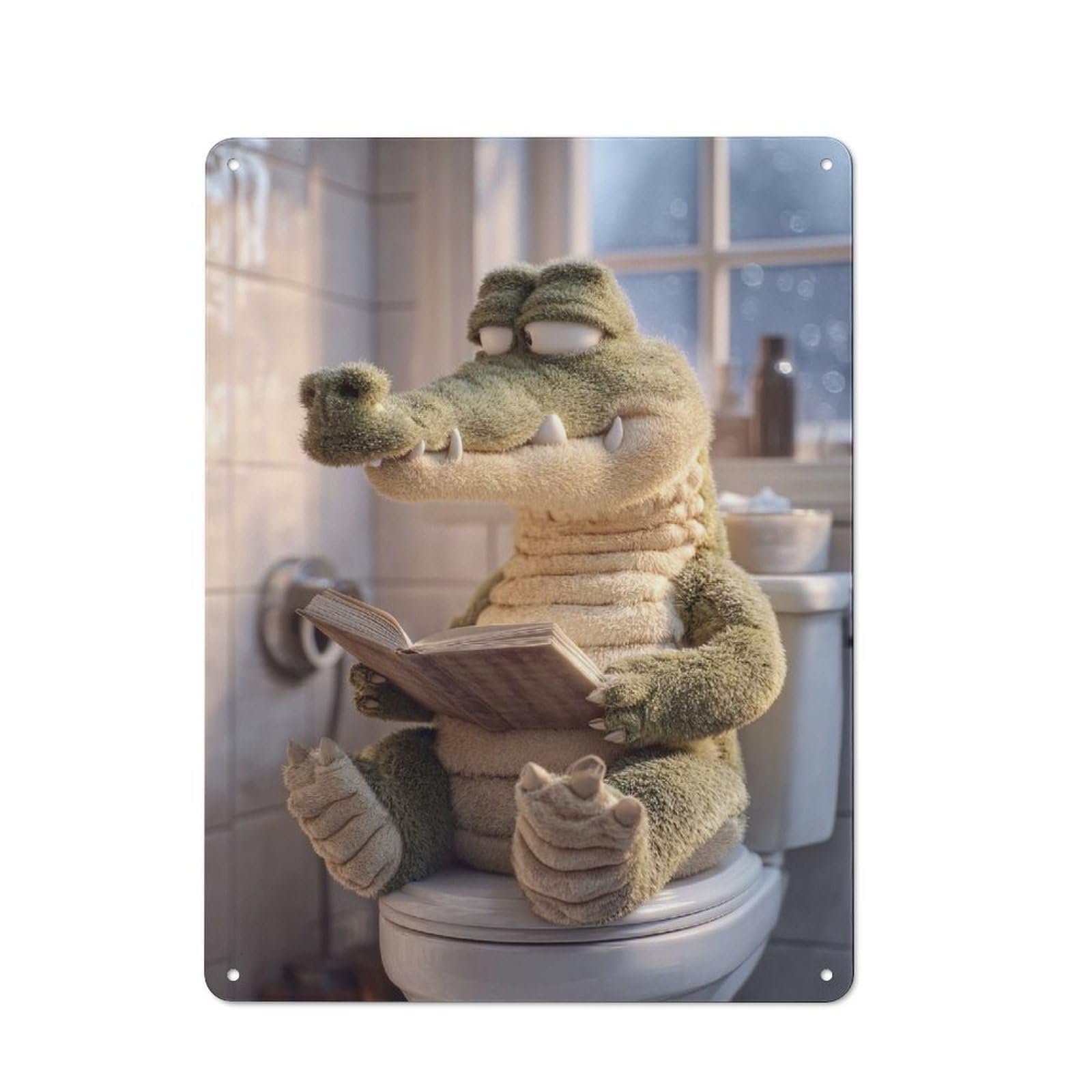 Junmoney Style-12 Metal Sign 40X30cm With Crocodile Reading On Toilet For Workshop Wall, Vintage Decor, For Vintage Wall Decor Fans, For Metal Sign Collectors