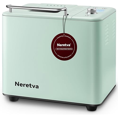 Neretva Bread Maker, 20-in-1 2LB Bread Machine Dual Heater & Nonstick Ceramic Pan Bread Makers Machine All Metal Compact for Gluten Free/Dough Maker/Meat Floss/Jam/Yogurt/Breadmaker Recipe-Light Green