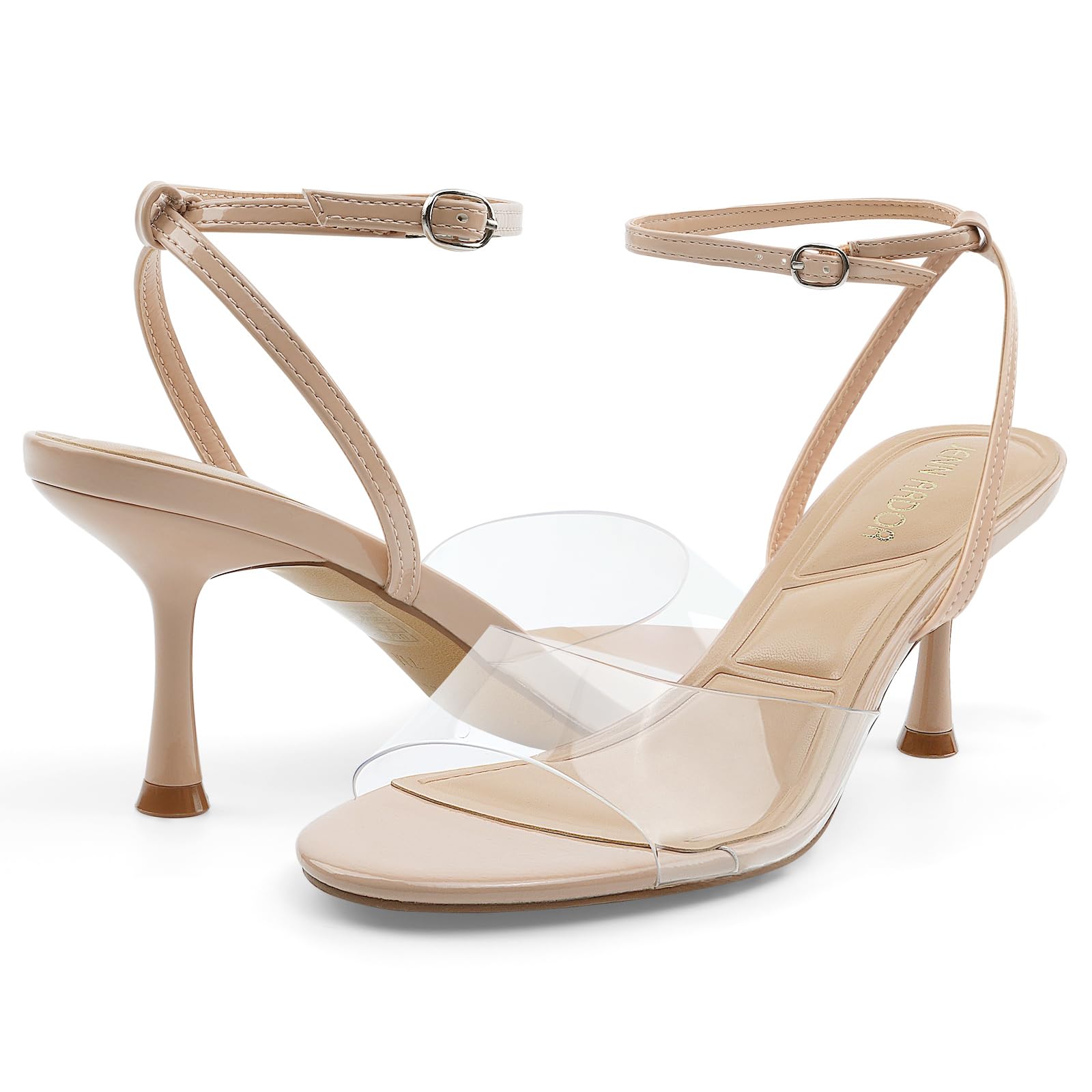 JENN ARDOR Clear Heels for Women Kitten Strappy Sandals Comfort Round Open Toe Ankle Strap Stilettos Wedding Party Low Heeled Dress Shoes