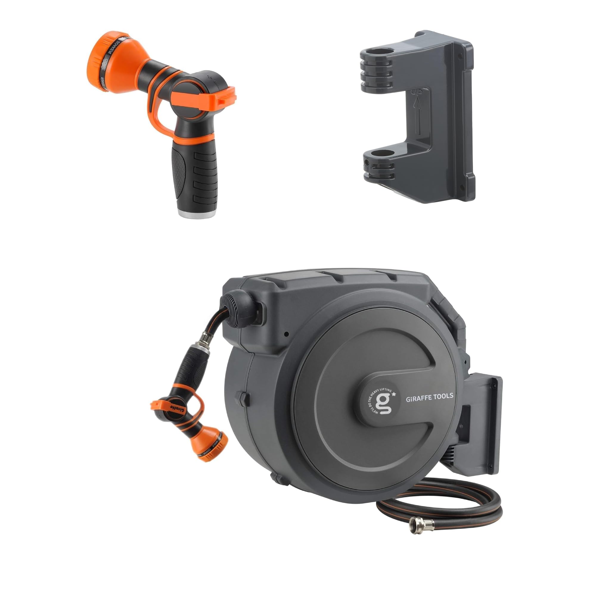Giraffe Tools AW40 Swivel Metal Bracket Suitable and 9 Adjustable Spray Modes Water Gun and Giraffe Tools Retractable Garden Hose Reel 1/2 Inch x 130 ft, Super Heavy Duty, Any Length Lock